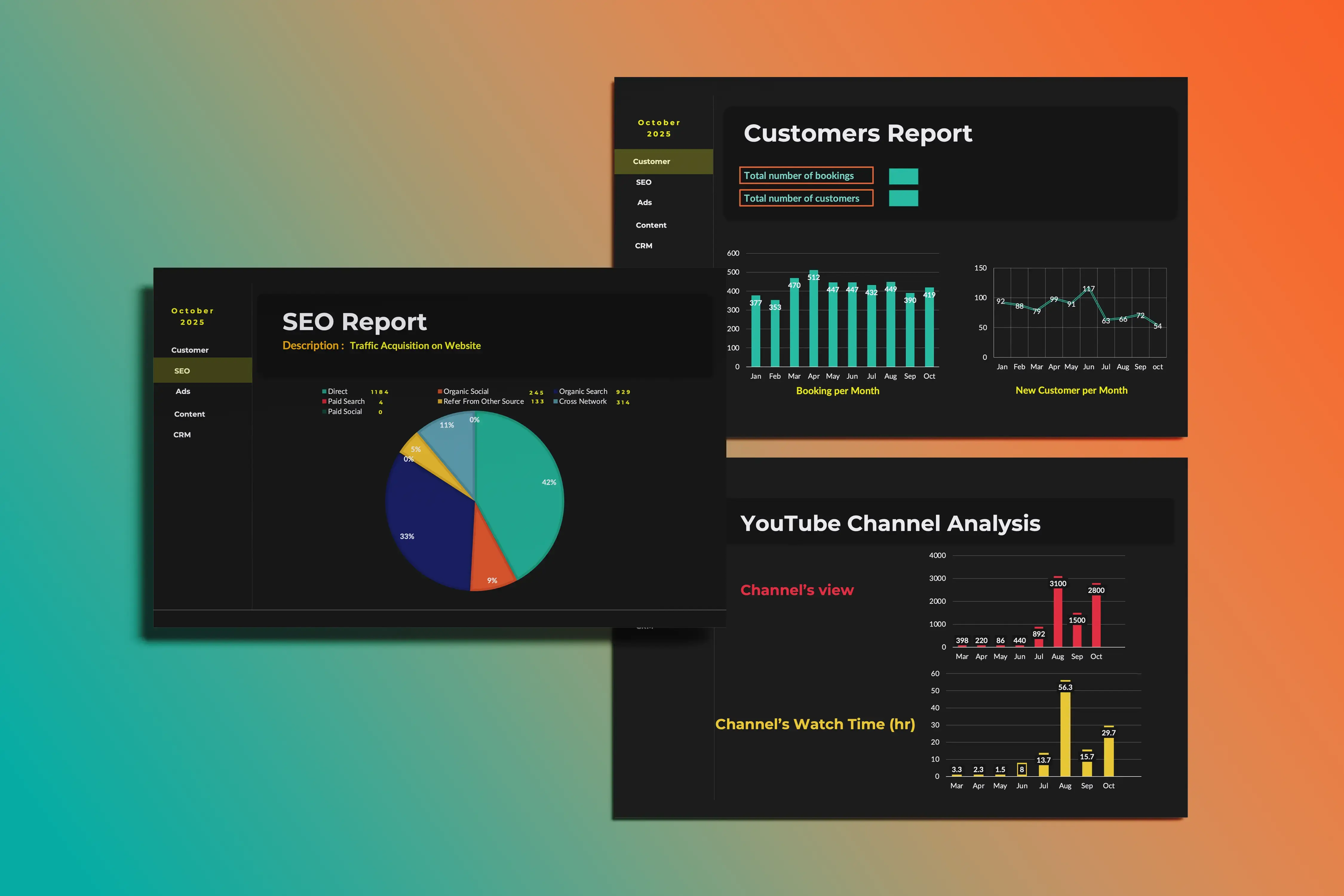 Marketing report deck showing campaign KPIs and data visualizations for Samira Pro Beauty
